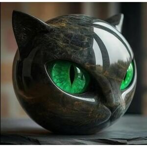 Black Stone Cat Head Sculpture with Green Glass Eyes Feline Art Decor Figurine